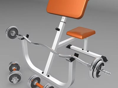 Sports Equipment Fitness Bench With Orange Seat And Metal Frame Dumbbells 3d model