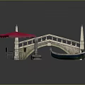 Scenic Outdoor Setting With Stone Bridge Red Umbrella Table Chairs And Gondola