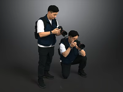 Two Photographers In Blue Vests Taking Photos With Cameras On Gray Background 3d model