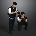 Two Photographers In Blue Vests Taking Photos With Cameras On Gray Background
