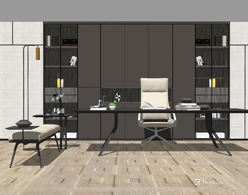 Modern Home Office Desk With Comfortable Chair Bookshelves And Decorative Items 3d model 