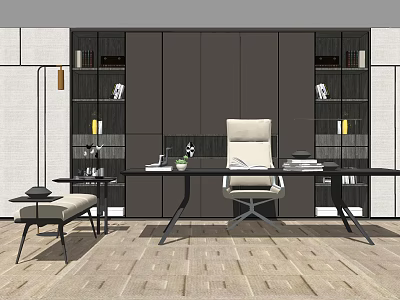 Modern Home Office Desk With Comfortable Chair Bookshelves And Decorative Items 3d model