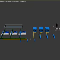Industrial Equipment Layout With Blue Pumps Green Yellow Pipes And Control Cabinets
