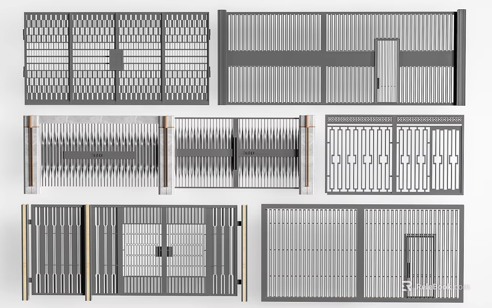 Modern Metal Entrance Gates Featuring Decorative Grille And Slat Design Styles 3d model 