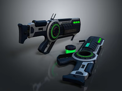 Futuristic Sci Fi Weapons With Green Glowing Circular Parts And Modern Design 3d model