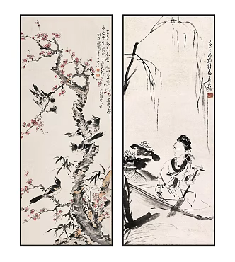 Chinese Plant Painting Zen Ink Artistic Conception Flower and Bird Lady Pattern Hanging Painting Combination 3d model