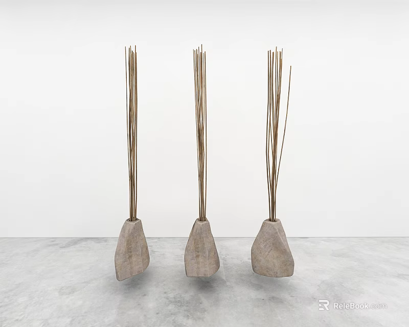 Three Wooden Reed Diffusers With Fragrance Sticks On Gray Floor White Background 3d model 