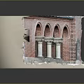 Cartoon Style Red Brick Building Scene With Arches White Roof Steps Columns And Reflection