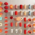 Traditional Chinese Lanterns Hanging With Red Colorful Designs And Fu Xi Character Decorations