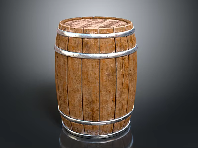Rustic Wooden Barrel With Metal Hoops And Natural Wood Grain Surface 3d model