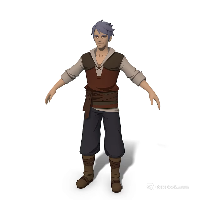 Game Character With Blue Hair Brown Vest White Shirt Dark Pants And Brown Boots 3d model 