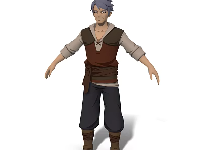Game Character With Blue Hair Brown Vest White Shirt Dark Pants And Brown Boots 3d model