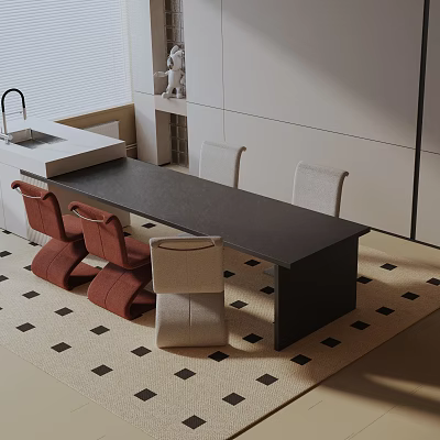 Dining Table Set With Black Tabletop Red Beige Chairs White Kitchen Cabinets On Checkered Rug 3d model