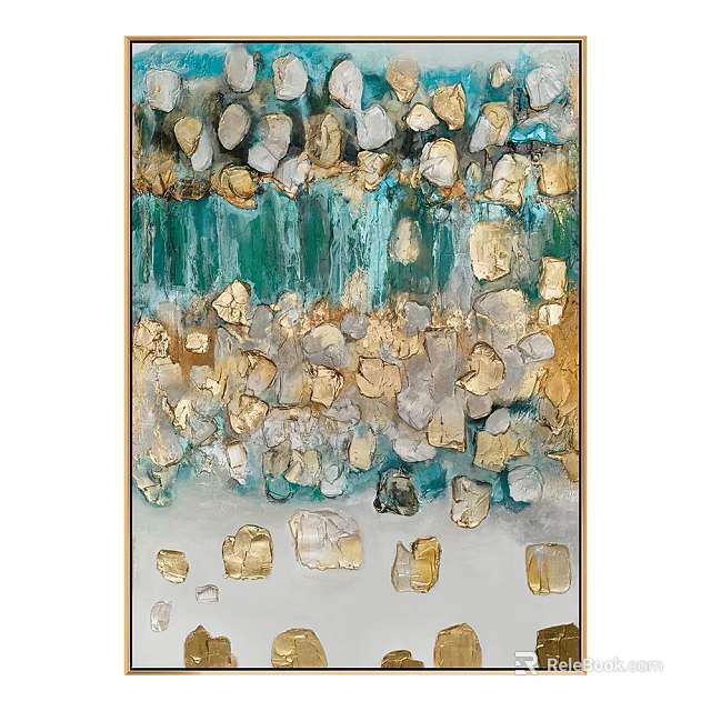 Abstract Painting With Gold Teal Textured Fluid Brushstrokes And Geometric Shapes 3d model 