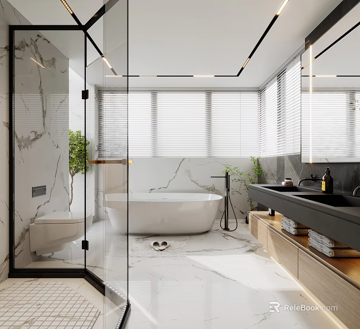 Elegant Modern Bathroom Interior With Marble Walls Glass Shower Freestanding Bathtub And Wooden Cabinets 3d model 
