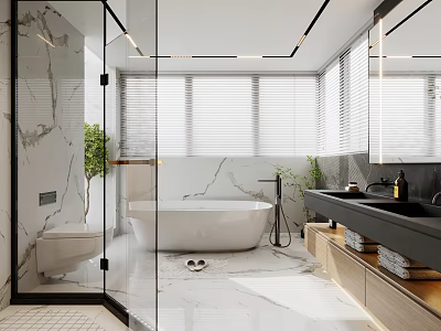 Elegant Modern Bathroom Interior With Marble Walls Glass Shower Freestanding Bathtub And Wooden Cabinets 3d model