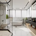 Elegant Modern Bathroom Interior With Marble Walls Glass Shower Freestanding Bathtub And Wooden Cabinets