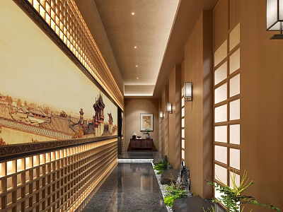 Elegant Hotel Corridor With Ancient Architecture Painting Wooden Panels Wall Lamps And Green Plants 3d model
