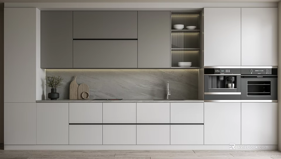 Modern Kitchen Cabinets Gray And White Stone Countertop Cutting Board Potted Plant Sink Faucet Appliances 3d model 