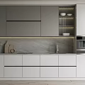 Modern Kitchen Cabinets Gray And White Stone Countertop Cutting Board Potted Plant Sink Faucet Appliances