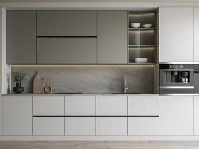 Modern Kitchen Cabinets Gray And White Stone Countertop Cutting Board Potted Plant Sink Faucet Appliances 3d model