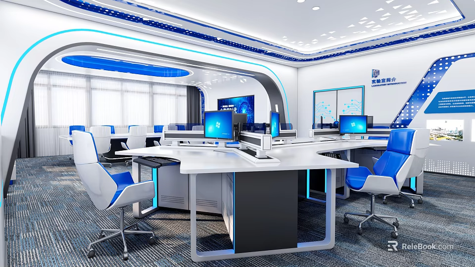 Modern Public Office Space Open Layout With Blue White Chairs Computers Workstations Circular Ceiling And Tech Decor 3d model 