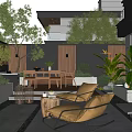 Modern Courtyard Garden With Water Fountain Wooden Deck Outdoor Dining Table And Lounge Chairs
