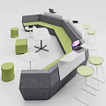 Curved Gray Public Seating With Small Round Tables And Green Stools 3d model