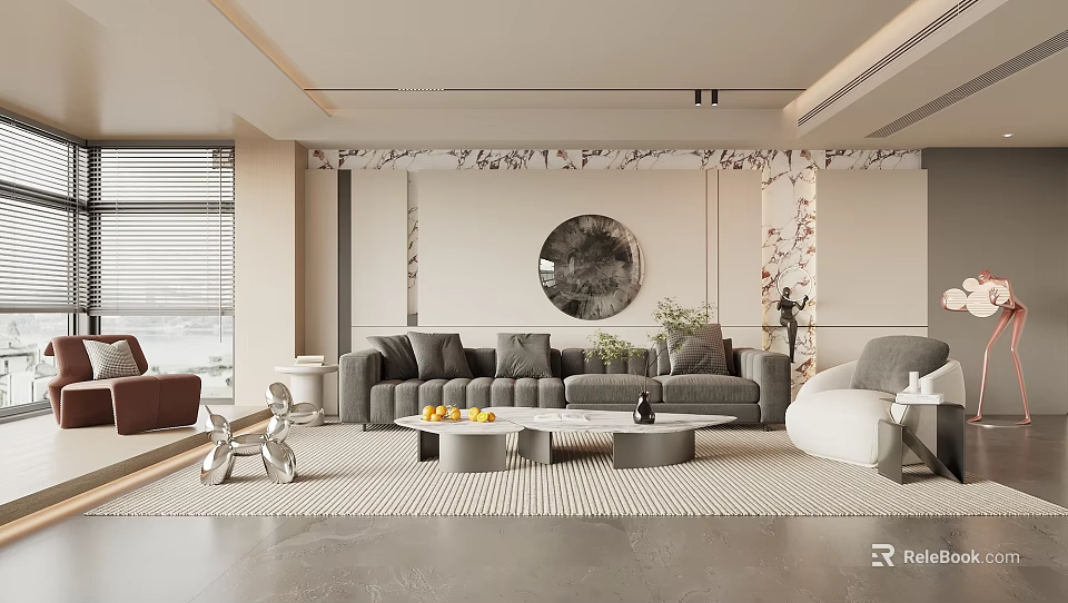 Modern Living Room Interior With Gray Sofa Round Mirror Coffee Table And Area Rug 3d model 