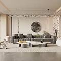 Modern Living Room Interior With Gray Sofa Round Mirror Coffee Table And Area Rug