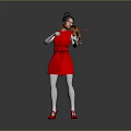 Female In Red Dress Holding Classic Violin With White Gloves And Red Shoes