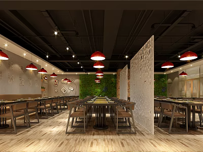 Modern Restaurant Interior With Red Pendant Lights Wooden Flooring And Green Plants 3d model
