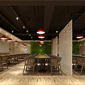 Modern Restaurant Interior With Red Pendant Lights Wooden Flooring And Green Plants