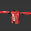 Red Winter Jacket With Black Gray Accents Open Front Design And Outerwear Style