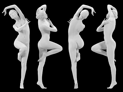 Female Sculpture In Elegant Single Leg Poses From Different Angles White Against Black Background 3d model