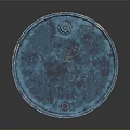 Blue Chemical Waste Barrel With Yellow Label On Dark Background