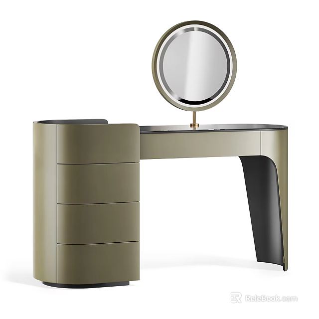Elegant Modern Dressing Table With Round Mirror Olive Green Drawers And Black Legs 3d model 