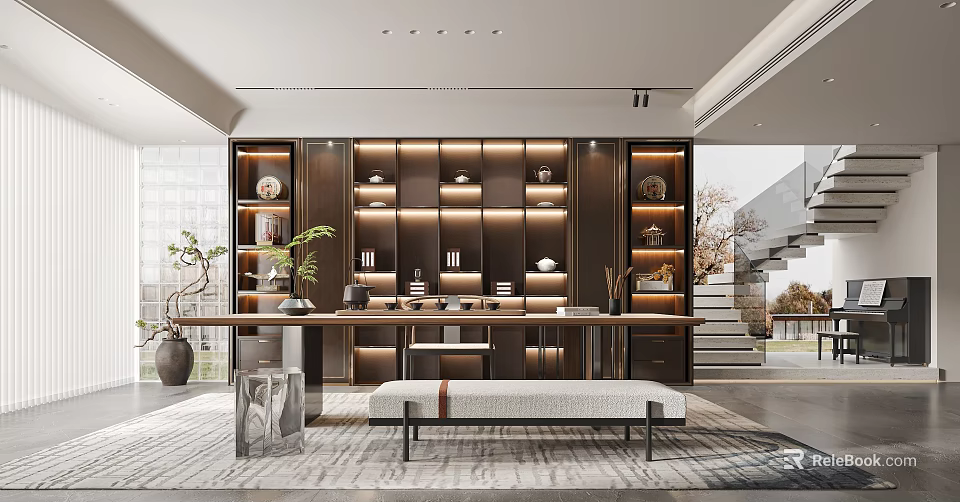 Elegant Tea Room Interior Design With Wooden Shelves Tea Sets Long Table And Soft Lighting 3d model 