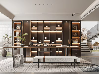Elegant Tea Room Interior Design With Wooden Shelves Tea Sets Long Table And Soft Lighting 3d model