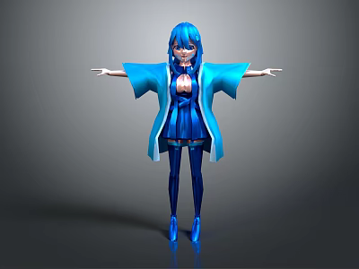 Game Movie Character Blue Hair Blue Kimono Coat Short Skirt Stockings High Heels Arms Outstretched 3d model