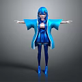 Game Movie Character Blue Hair Blue Kimono Coat Short Skirt Stockings High Heels Arms Outstretched
