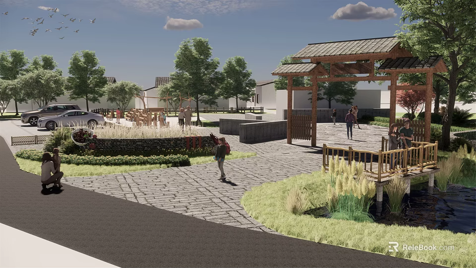 Picturesque Scenic Landscape With Traditional Pagoda Stone Path Green Trees And People Walking 3d model 