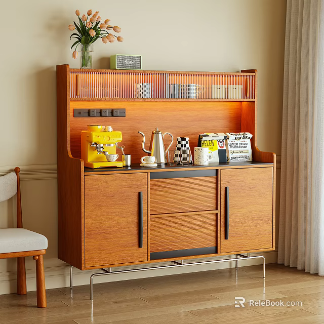 Modern Wooden Sideboard With Yellow Coffee Machine Kettle And Storage Shelves 3d model 