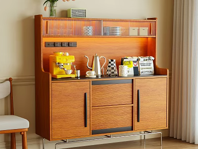 Modern Wooden Sideboard With Yellow Coffee Machine Kettle And Storage Shelves 3d model