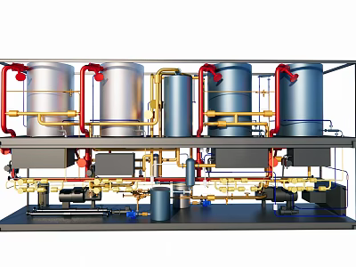 Industrial Equipment Featuring Metal Tanks Yellow Piping Systems And Structural Support Framework 3d model
