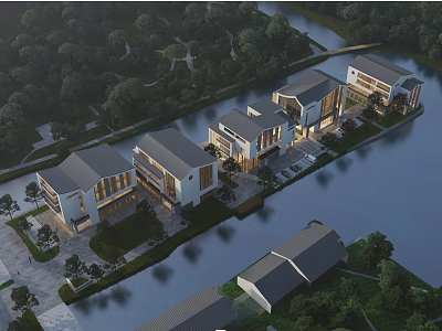 Aerial Planning of Modern Riverfront Buildings With Green Landscaping and Water Views 3d model