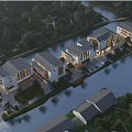 Aerial Planning of Modern Riverfront Buildings With Green Landscaping and Water Views