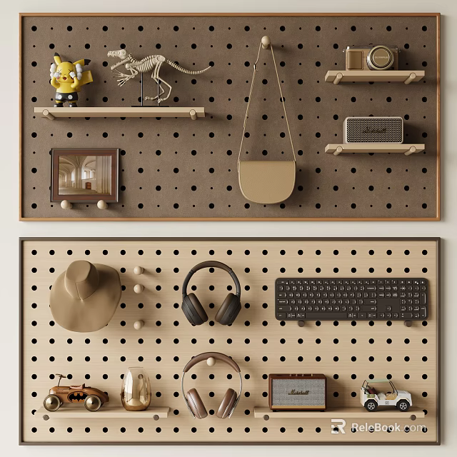 Pegboard Wall Decor With Various Items Including Headphones And Hat 3d model 