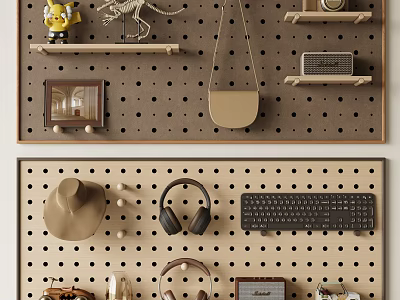 Pegboard Wall Decor With Various Items Including Headphones And Hat 3d model