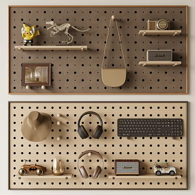 Pegboard Wall Decor With Various Items Including Headphones And Hat 3d model